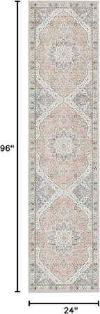 Madane Runner Rug 2x8, Washable Hallway Runner Rugs, Non-Slip Low-Pile Soft Kitchen Rug Runner Laundry Room Rug, Vintage Throw Entry Foyer Mat for Entrance Living Room (Pink/Gray, 2 x 8)
