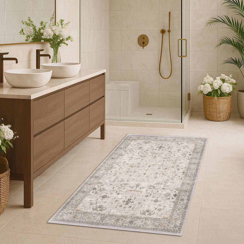 Washable 3x5 Large Bathroom Rug - Neutral Boho Geometric Area Rugs for Entryway, Kitchen, Bedroom Beside Bed, Laundry, Modern Vintage Eclectic Light Gray & Sage Floral Decor, Low Pile & Non-Slip Stain