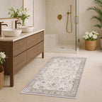 Washable 3x5 Large Bathroom Rug - Neutral Boho Geometric Area Rugs for Entryway, Kitchen, Bedroom Beside Bed, Laundry, Modern Vintage Eclectic Light Gray & Sage Floral Decor, Low Pile & Non-Slip Stain