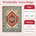 SERISSA Washable Rugs 9x12 Area Rugs, Large Non-Slip Boho Living Room Rug, Ultra Soft Vintage Orange Print Distressed Oriental Farmhouse Carpet for Dining Room Bedroom Dorm Office Home Decor