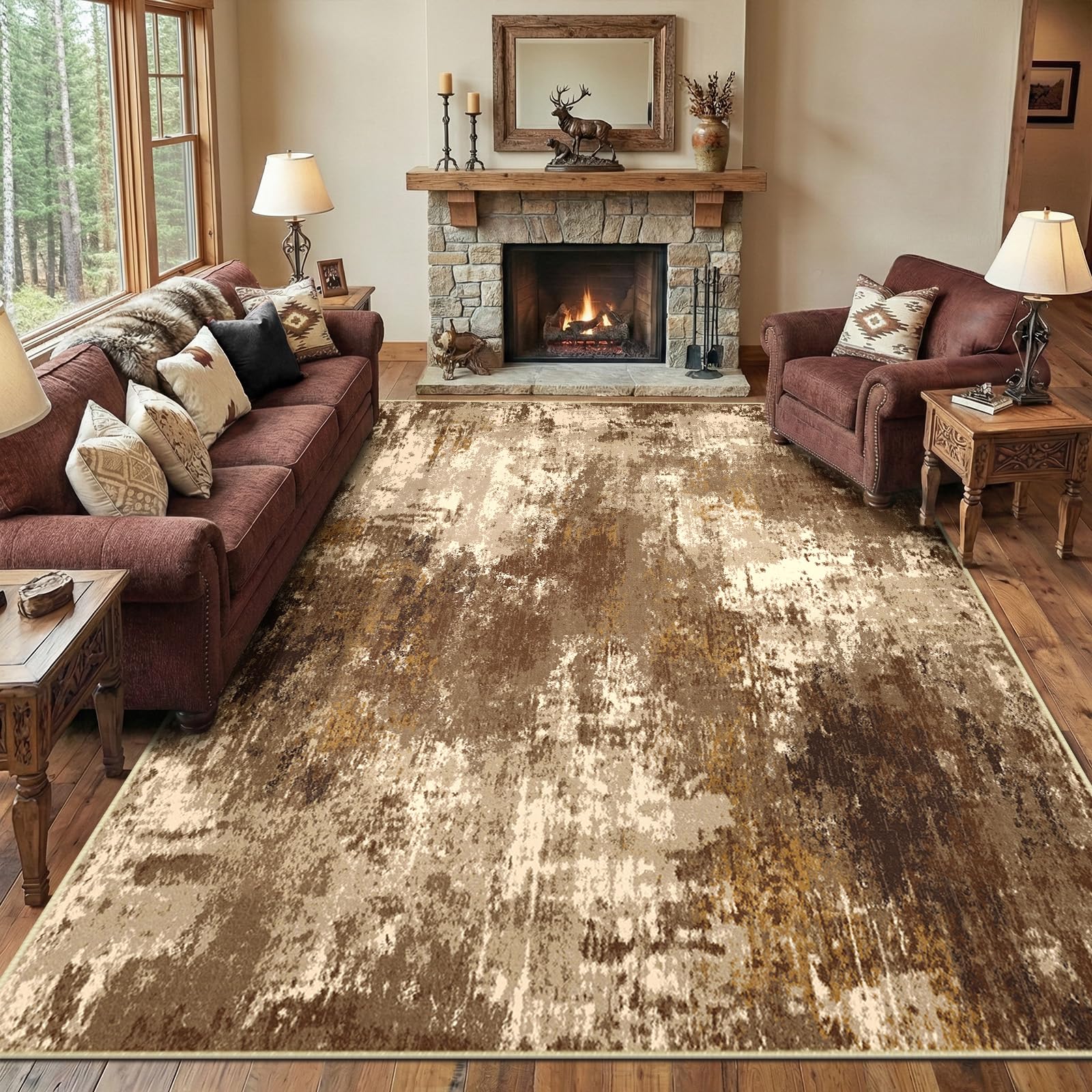RELEANY Washable 5'x7' Abstract Area Rug for Living Room Brown Tan