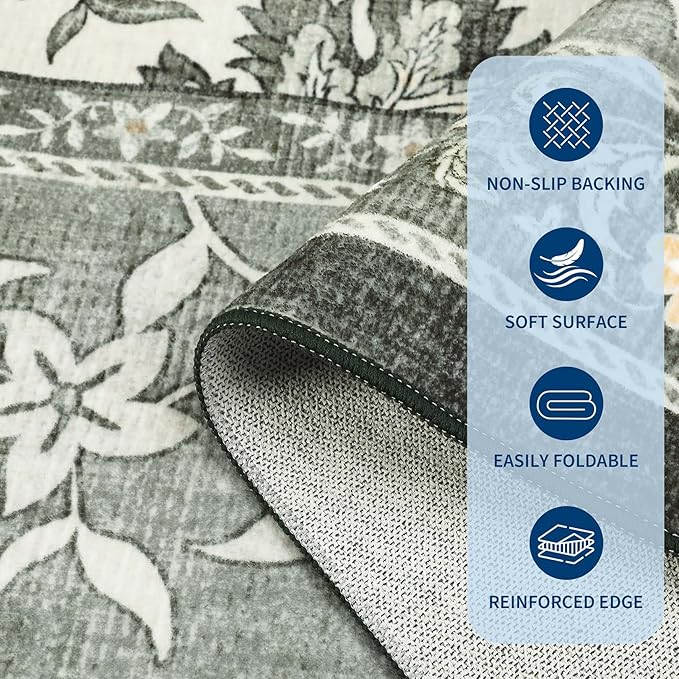 GarveeHome Provence 10x13 Area Rug for Living Room, Botanical Grove Soft Cottagecore Washable Rug for Bedroom Dining Nursery Low-Pile Vintage Large Carpet Gray Fog Green