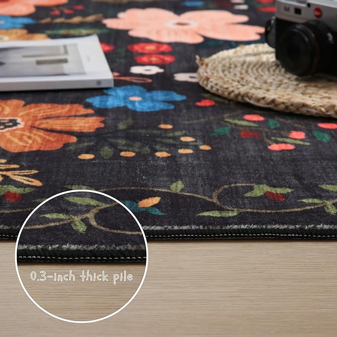 Rugcomf Round Rug 6ft Washable Circle Rug Non Slip Low Pile Boho Floral Small Circular Rug for Bedroom, Bathroom, Entryway, Kids Room, Office, College Dorm(Black)