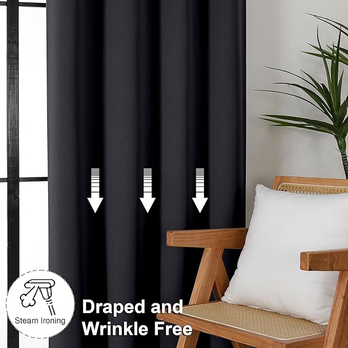 Simplebrand Ava Black Blackout Curtains for Patio 108 Inches Long 2 Panels Set, Solid Thermal Insulated Room Darkening Rod Pocket Window Treatment Curtains Blackout Drapes, W50 x L108 Inch, Black