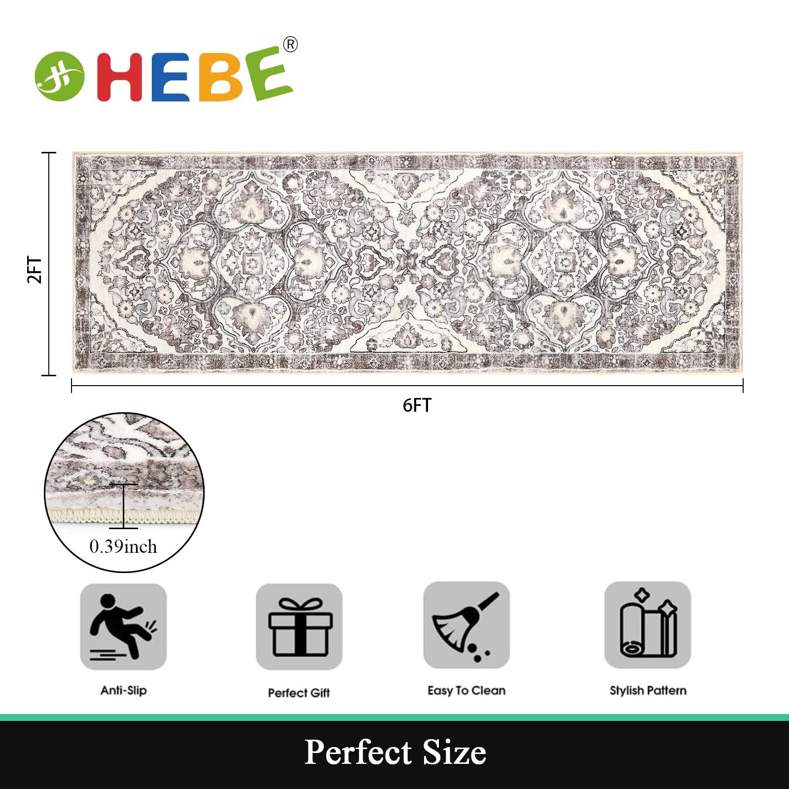 HEBE Hallway Runner Rug 2'x6', Washable Non Slip Kitchen Rug Runner
