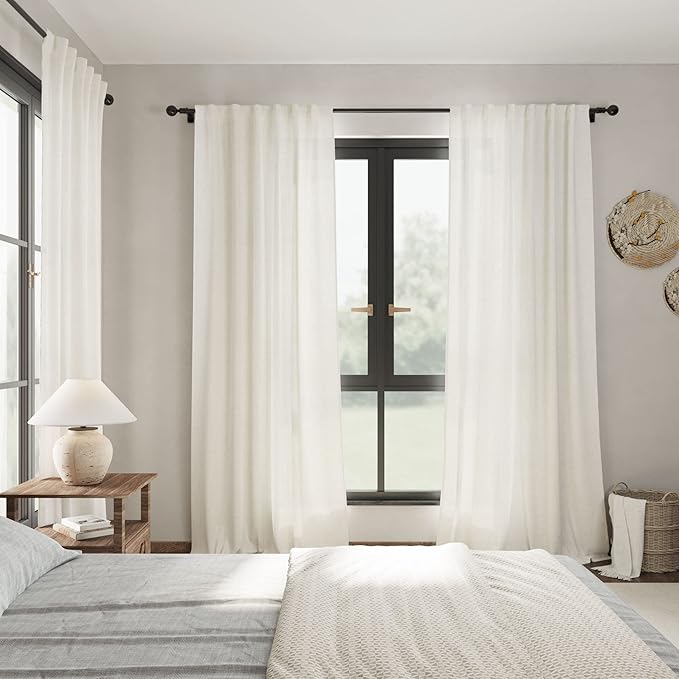 Nanspring Semi Sheer Linen Curtains 90 Inches Long for Living Room 2 Panels Set Back Tab Rod Pocket Cream Tall Vertical Curtains Light Filter Privacy Curtain Drapes for Bedroom Aesthetic 60x90