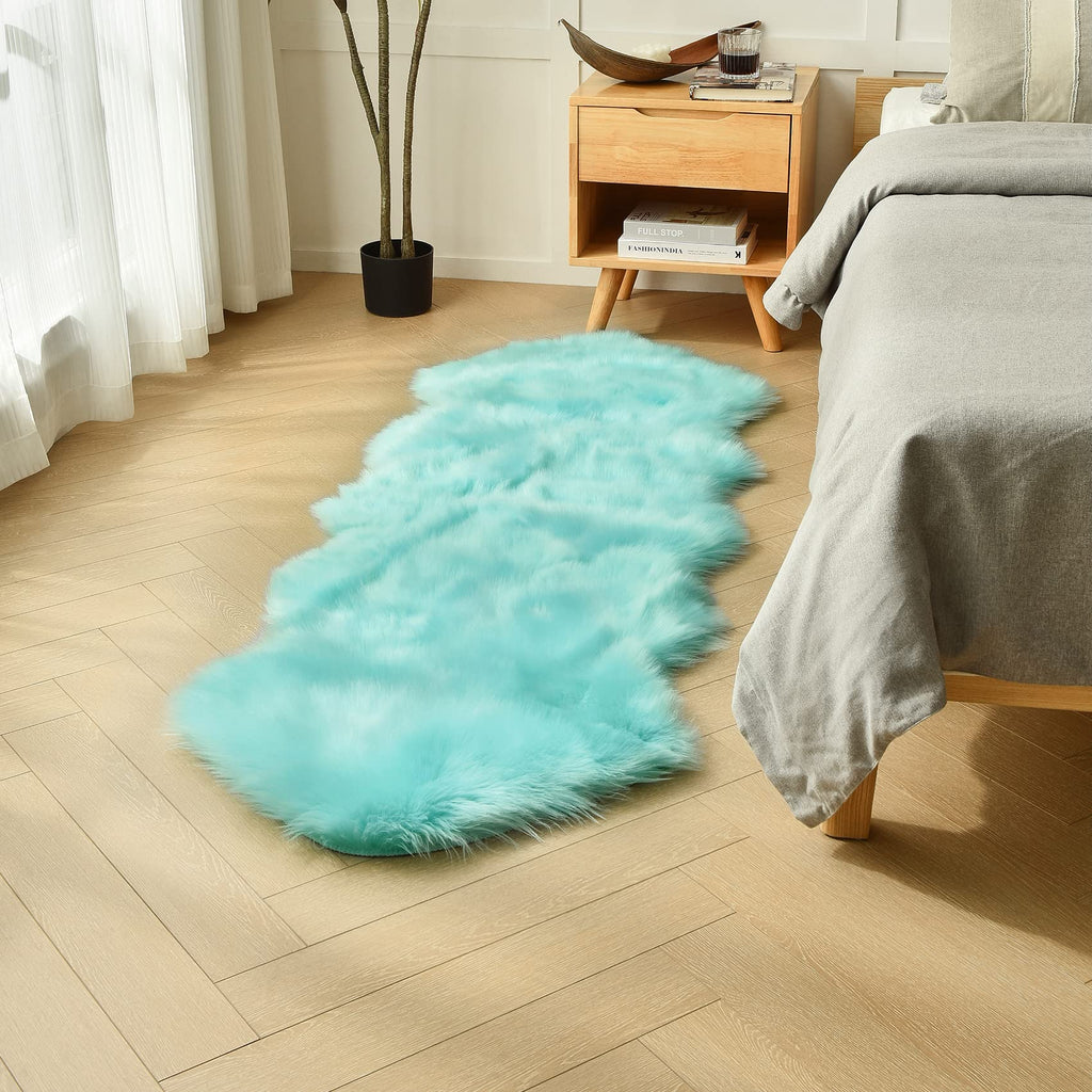 Turquoise Blue Faux Sheepskin Runner Rugs 2x6 ft, Fluffy Fur Couch Covers