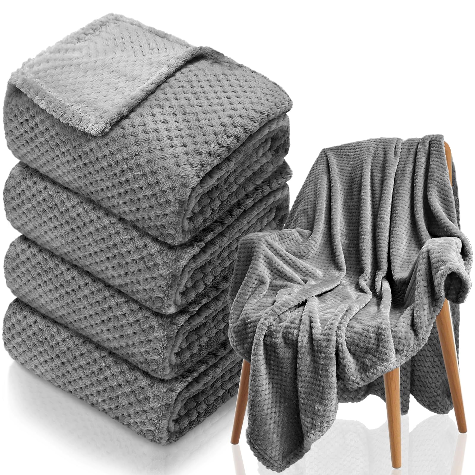 Tewloss 4 Pack Fleece Throw Blankets 50x60 Inches - Oeko-Tex Certified 100, 270 GSM Ultra Soft Plush for Bed, Couch and Cozy Gifts. 3D Waffle Texture, No Shedding No Pilling All Season (Dark Gray)