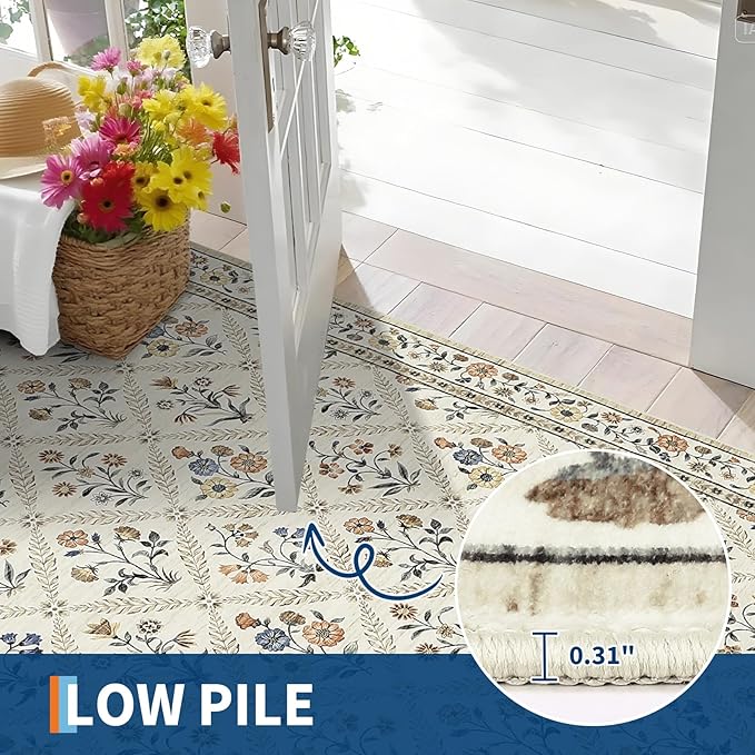 GarveeHome Washable Kitchen Runner 2x6 Non-Slip Floral Carpet Runner for Entryway Indoor Ultra Soft Stain Resistant Long Rugs Farmhouse Floor Mat for Hallways Laundry Bedroom Beige
