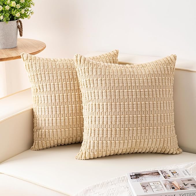 Aegero Pack of 2 Corduroy Decorative Throw Pillow Covers 20x20 Inch, Beige