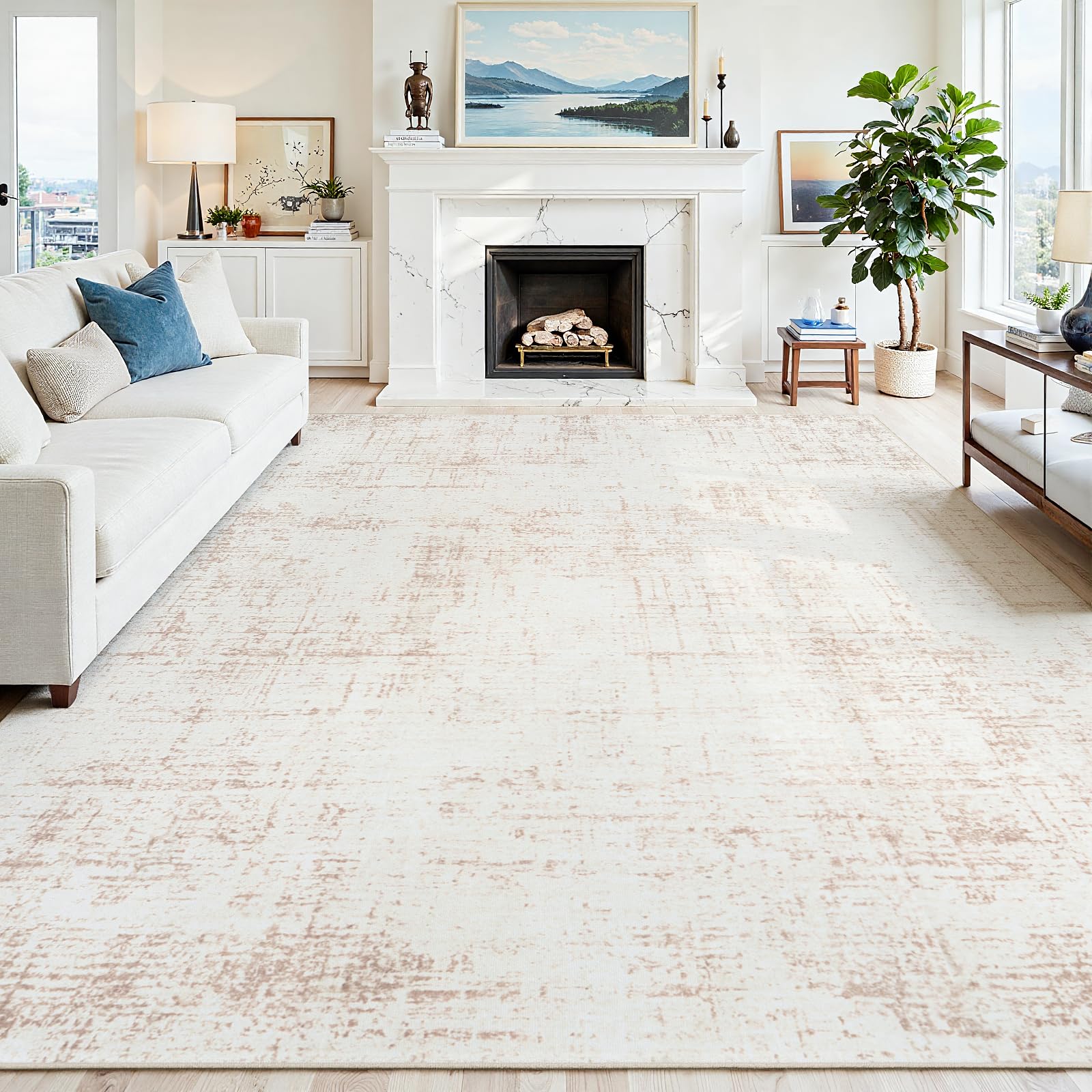 9x12 Washable Area Rug for Living Room Bedroom: Non-Slip Modern Beige White