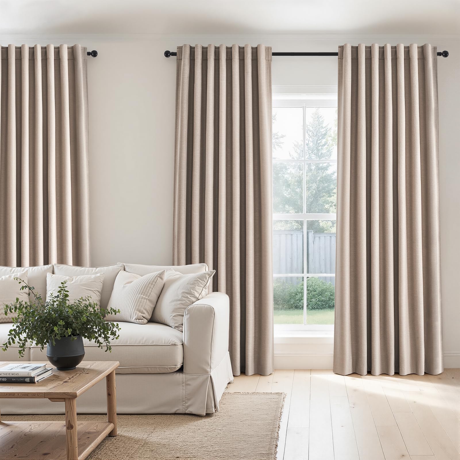 96 inch long blackout window curtains 2 Panels for bedroom 100% Black out Linen texture Curtain Vintage Farmhouse Drapes with Back Tab Rod Pocket Pinch pleated Thermal Insulated Panel for Living Room