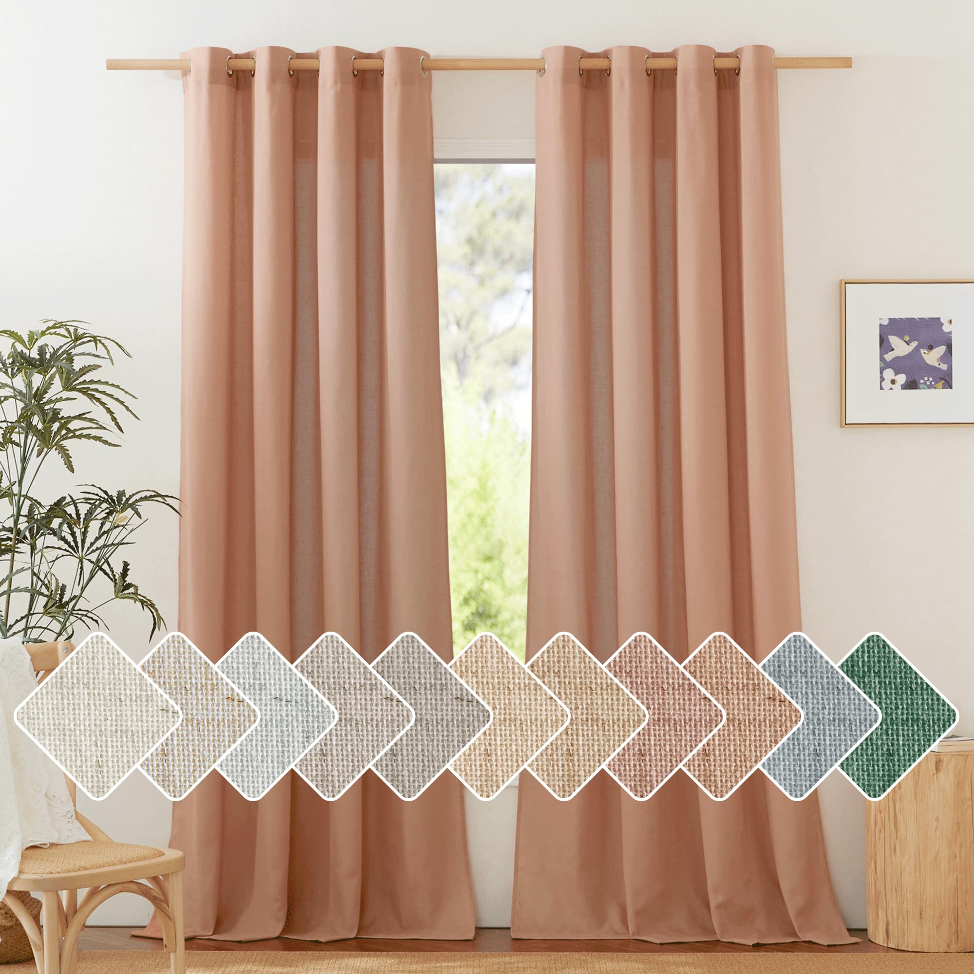 NICETOWN Thick Linen Textured Curtains for Large Windows, Grommet Privacy with Light Filtering Flax Linen Blend Drapes for Bedroom/Living Room, Terracotta, W55 x L108, Set of 2