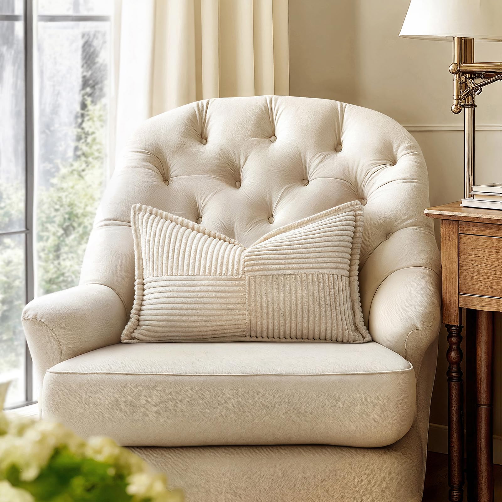 MIULEE Decorative Lumbar Throw Pillow Covers 12x20 Inch Beige 2 Pack