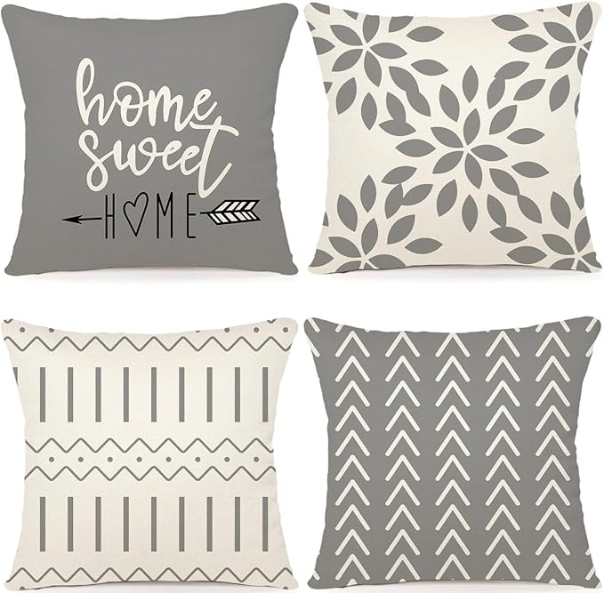YCOLL Pillow Covers 18x18 Set of 4，Modern Sofa Throw Pillow Cover, Decorative Home Outdoor Linen Fabric Geometric Pillow Case for Couch Bed Car，Gray