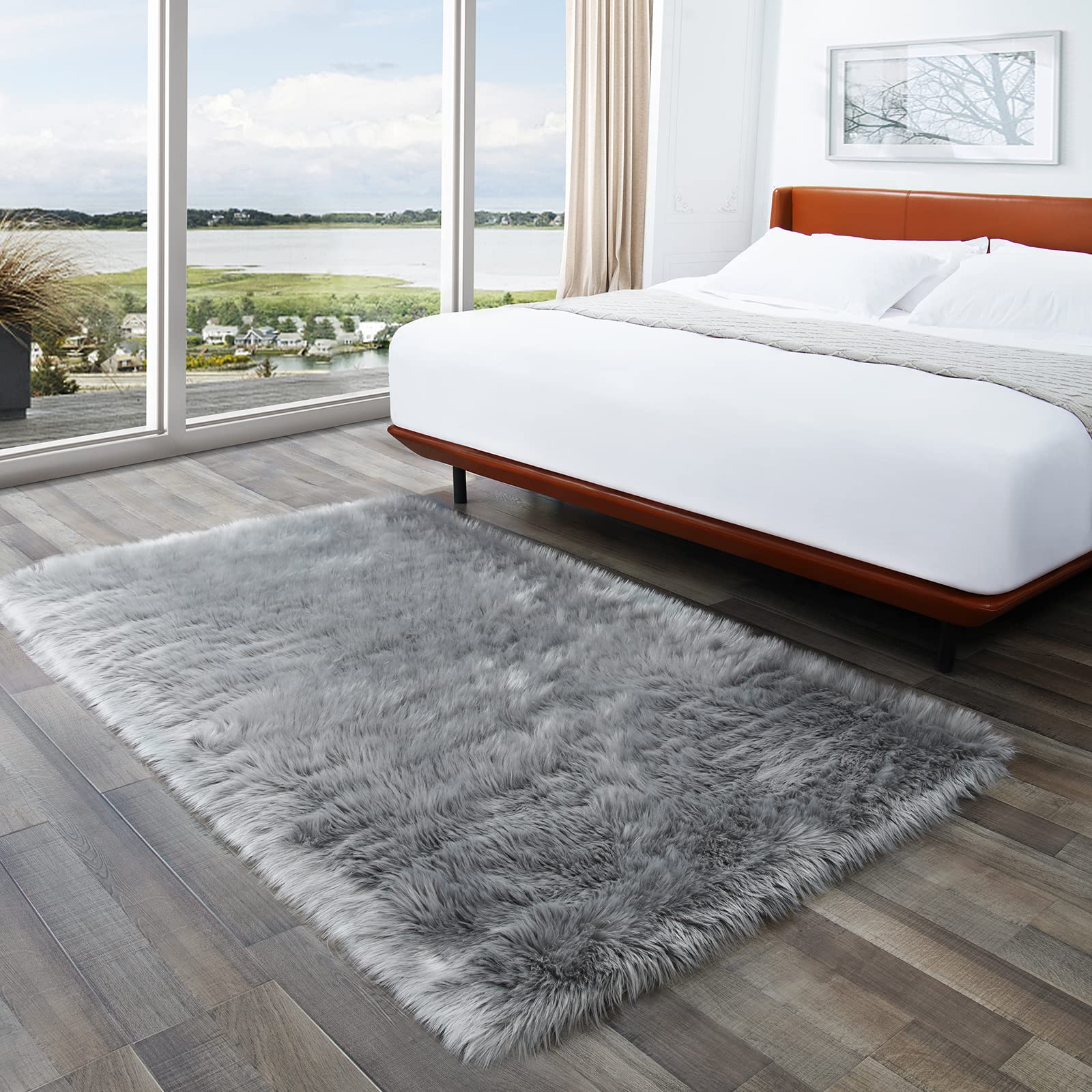 Ciicool Fluffy Area Rug, 4x6 ft Grey Faux Fur Rug for Bedroom Living Room