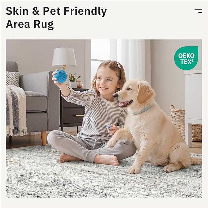Washable Area Rug 8x10, Large Soft Rugs for Living Room Vintage 8x10 Area Rugs for Bedroom Dining Room Non-Slip Stain Resistant Under Table Blue Ivory Rug