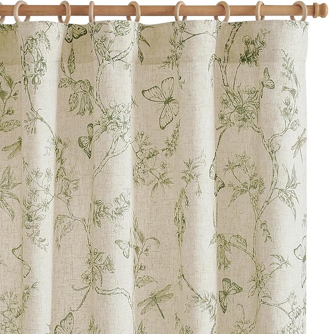 jinchan Green Floral Linen Curtains Lined 84 Inch Vintage Back Tab 2 Panels