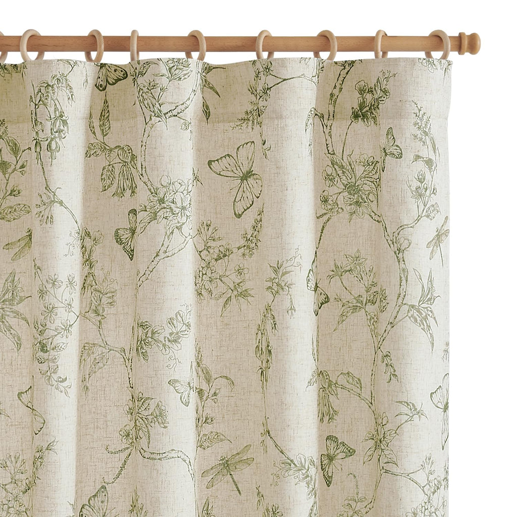 jinchan Green Floral Linen Curtains Lined 63 Inch Vintage Back Tab 2 Panels
