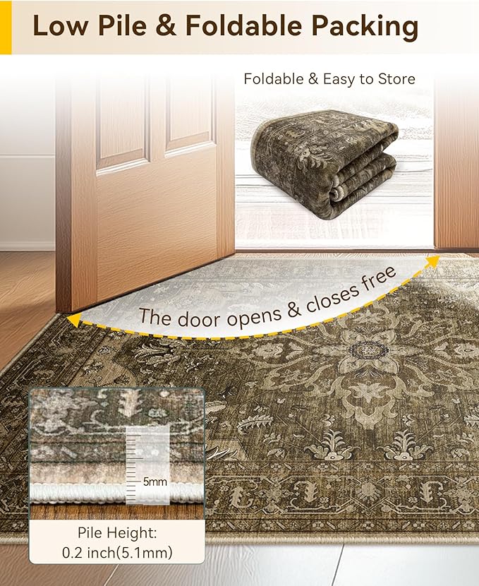 Area Rugs 9'x12' Washable Non-Slip, Floral Vintage Distress Print Pattern Medallion Carpet for Living Room Bedroom Dining Room, Brown Dark Brown