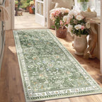 Yamaziot Washable Runner Rug 3x6 – Floral Non Slip Boho Hallway Runner Rug with Rubber Backing, Low Pile Faux Wool Distressed Carpet for Kitchen, Laundry, Bedroom, Entrance, Green