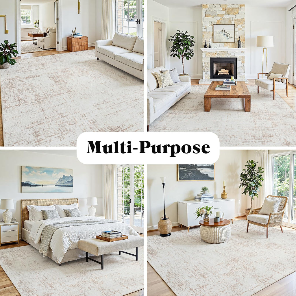 9x12 Washable Area Rug for Living Room Bedroom: Non-Slip Modern Beige White