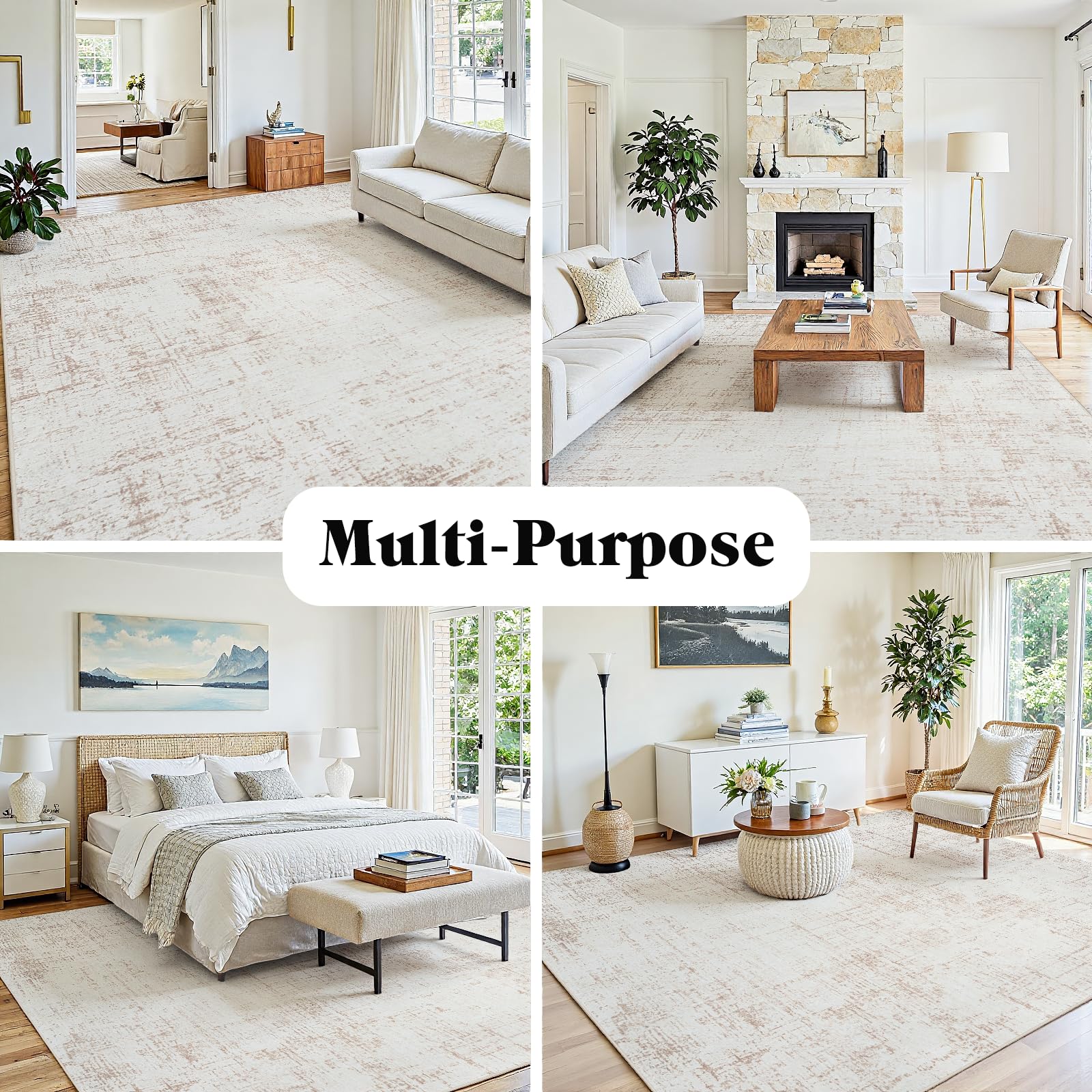 9x12 Washable Area Rug for Living Room Bedroom: Non-Slip Modern Beige White