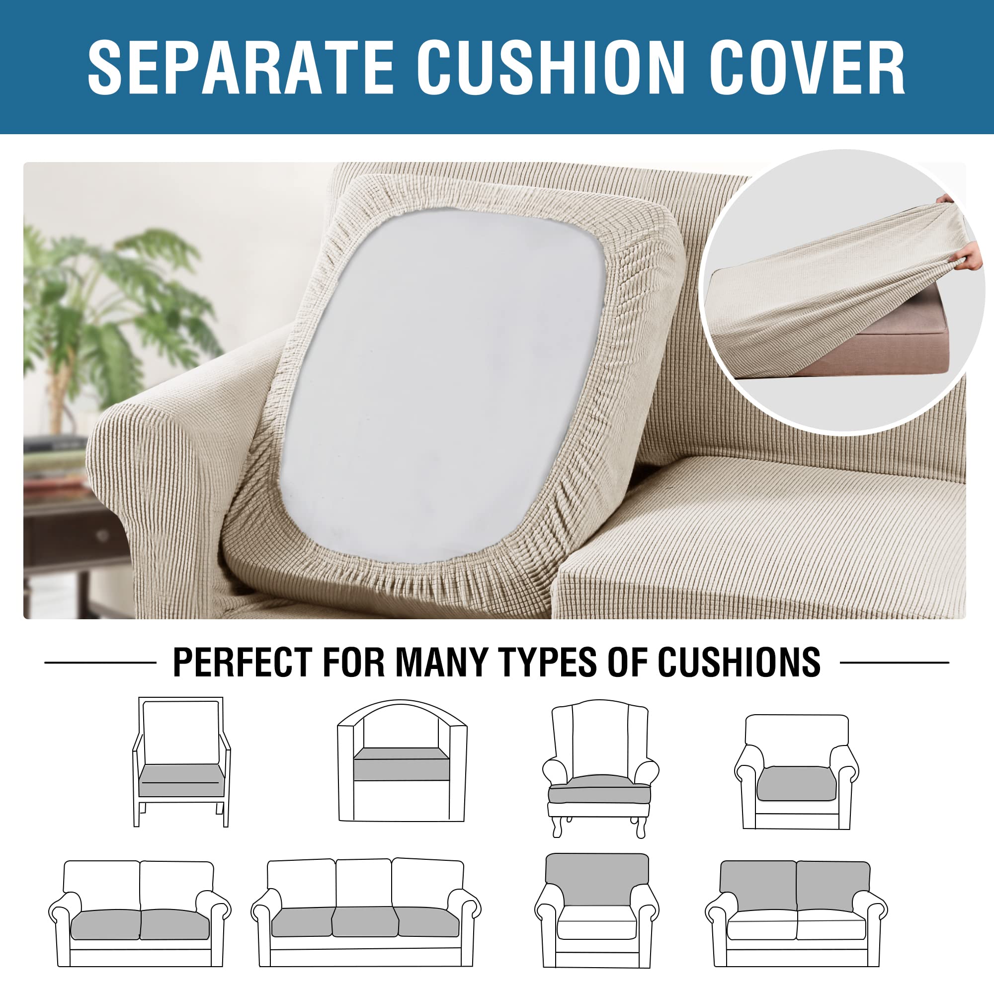 H.VERSAILTEX 3 Piece Stretch Sofa Covers for 2 Cushion Sofa Couch Covers for Living Room Sofa Slipcovers (Base Cover Plus 2 Seat Cushion Covers) Thicker Jacquard Fabric(Large Sofa, Island Fossi)