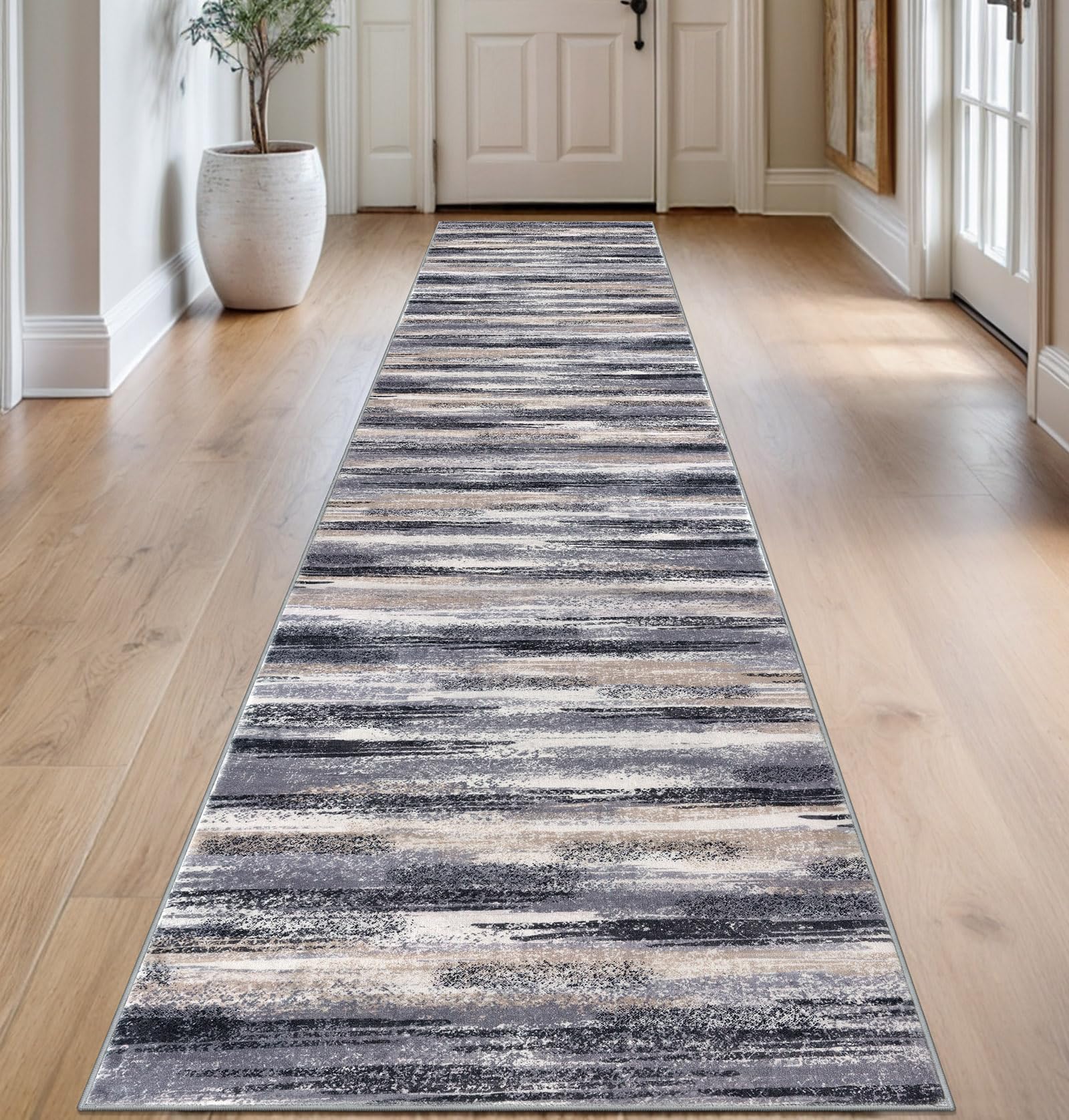 Lansny Modern Abstract Runner Rug 2.6x14, Grey Black Multi Washable Long Kitchen Runner Non-Slip Soft Hallway Rug Runner Thin Print Faux Wool Carpet for Entryway Bedroom Laundry Room Indoor HomeDecor