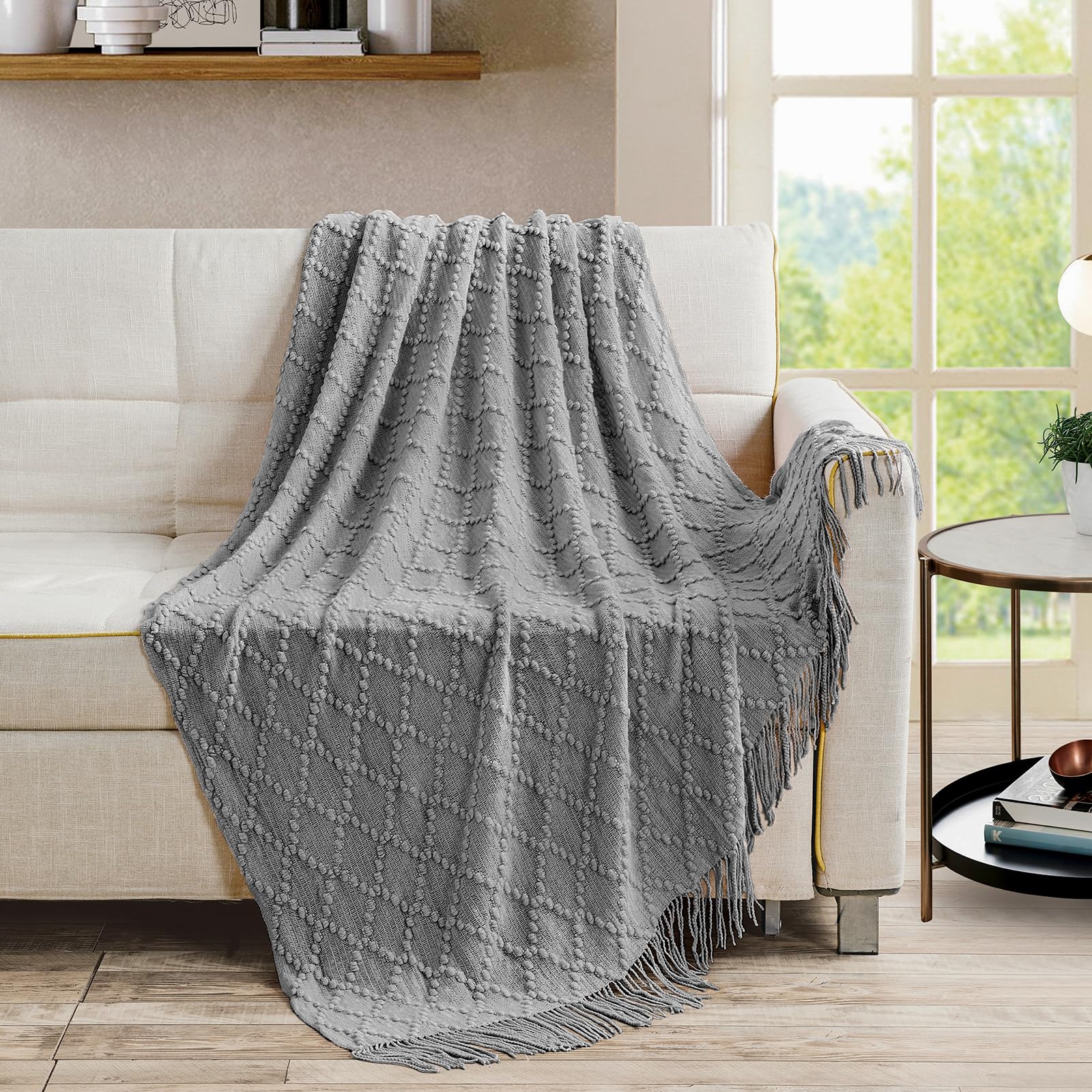 BOURINA Light Grey Throw Blanket 50 x70 Inch Jacquard Throw Knitted Blanket