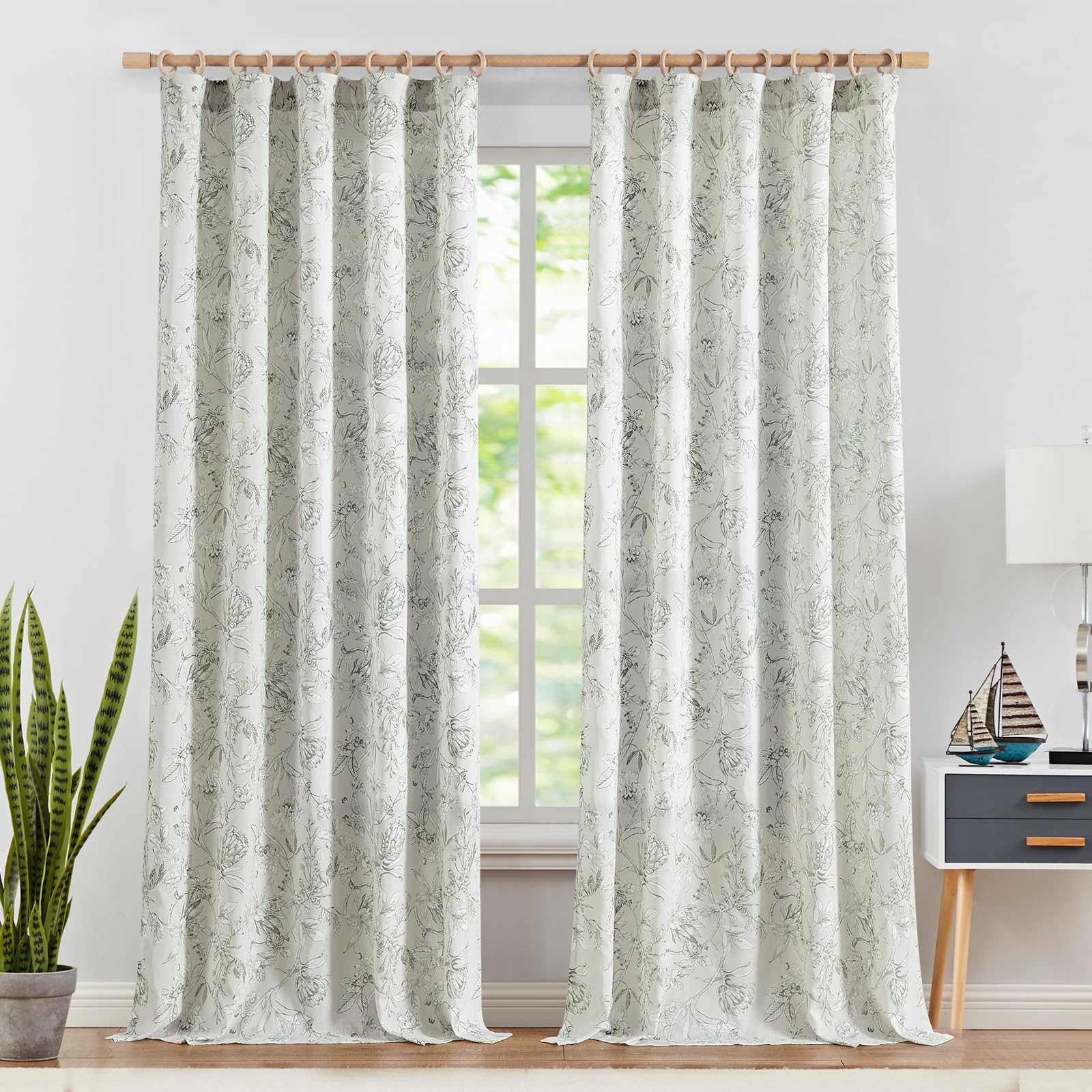 jinchan Grey Floral Linen Curtains 96 Inch Farmhouse Rod Pocket 2 Panels