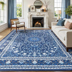 Lofus 8x10 Area Rugs for Living Room, Machine Washable Non-Slip Area Rug, Low Pile Large Rugs for Bedroom, Kitchen, Dining Room, Home Office, Vintage Oriental Print Rug, Dark Blue with White