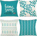 YCOLL Pillow Covers 16x16 Set of 4, Modern Sofa Throw Pillow Cover, Decorative Outdoor Linen Fabric Pillow Case for Couch Bed Car, Aqua Blue