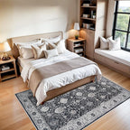5x7 Living Room Area Rugs: Washable Non-Slip Stain Resistant Rug for Bedroom Dining Room Vintage Ultra Soft Indoor Carpet for Nursery Kitchen Farmhouse Thin Floor Mat for Home Office (5x7 Black)