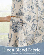 jinchan Lined Linen Floral Curtains for Living Room, 63 Inch Length Printed Flower Farmhouse Patterned French Country Back Tab Blue Window Drapes Set Privacy Bedroom Curtains, 2 Panels