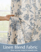 jinchan Lined Linen Floral Curtains for Living Room, 96 Inch Length Printed Flower Farmhouse Patterned French Country Back Tab Blue Window Drapes Set Privacy Bedroom Curtains, 2 Panels