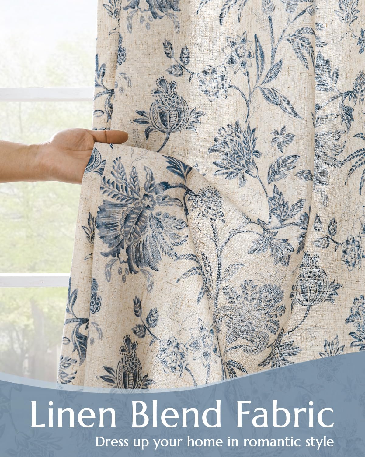 jinchan Lined Linen Floral Curtains for Living Room, 96 Inch Length Printed Flower Farmhouse Patterned French Country Back Tab Blue Window Drapes Set Privacy Bedroom Curtains, 2 Panels