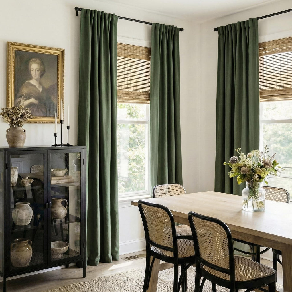 Faux Linen Total Blackout Curtains for Bedroom 102 Inches Long, Moss Green
