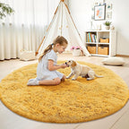 OLANLY Mustard Yellow Round Rugs for Bedroom - Machine Washable, 9 ft Circle Area Rugs for Living Room, Soft and Fluffy Shaggy Carpet for Teen Girl and Boys, Nursery Rooms, Dorms, Home Decor Aesthetic