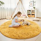 OLANLY Mustard Yellow Round Rugs for Bedroom - Machine Washable, 5 ft Circle Area Rugs for Living Room, Soft and Fluffy Shaggy Carpet for Teen Girl and Boys, Nursery Rooms, Dorms, Home Decor Aesthetic