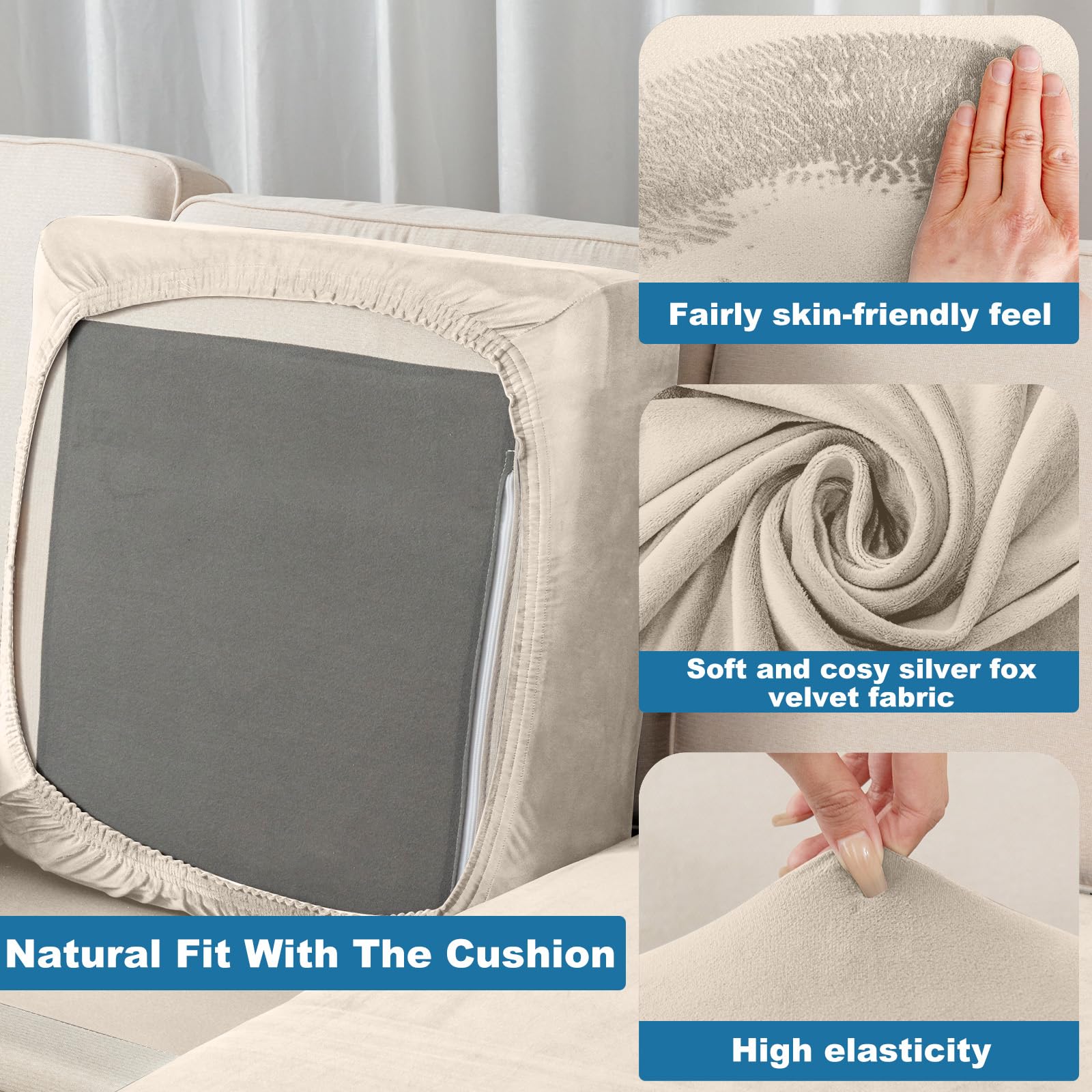 Taque Couch Cover Stretch Velvet Sofa Cushion Cover 1-Piece - Elastic Washable Slipcover for Seat or Backrest, Couch Seat Covers for Sofas (Cream)