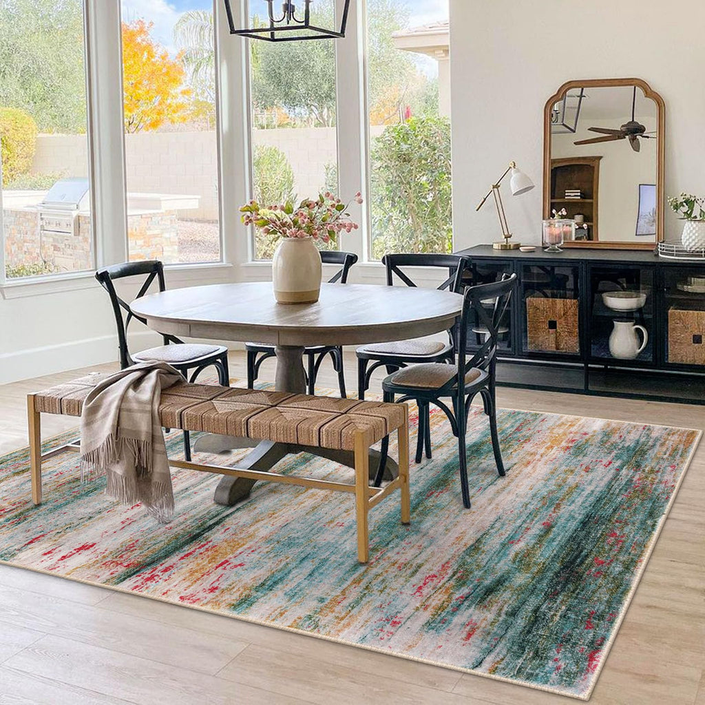KOZYFLY Washable Area Rug 5x7 Modern Ombre Thin Rugs for Living Room Non-Slip Soft Striped Rug for Bedroom, Print Green Abstract Carpet for Laundry Kid Room