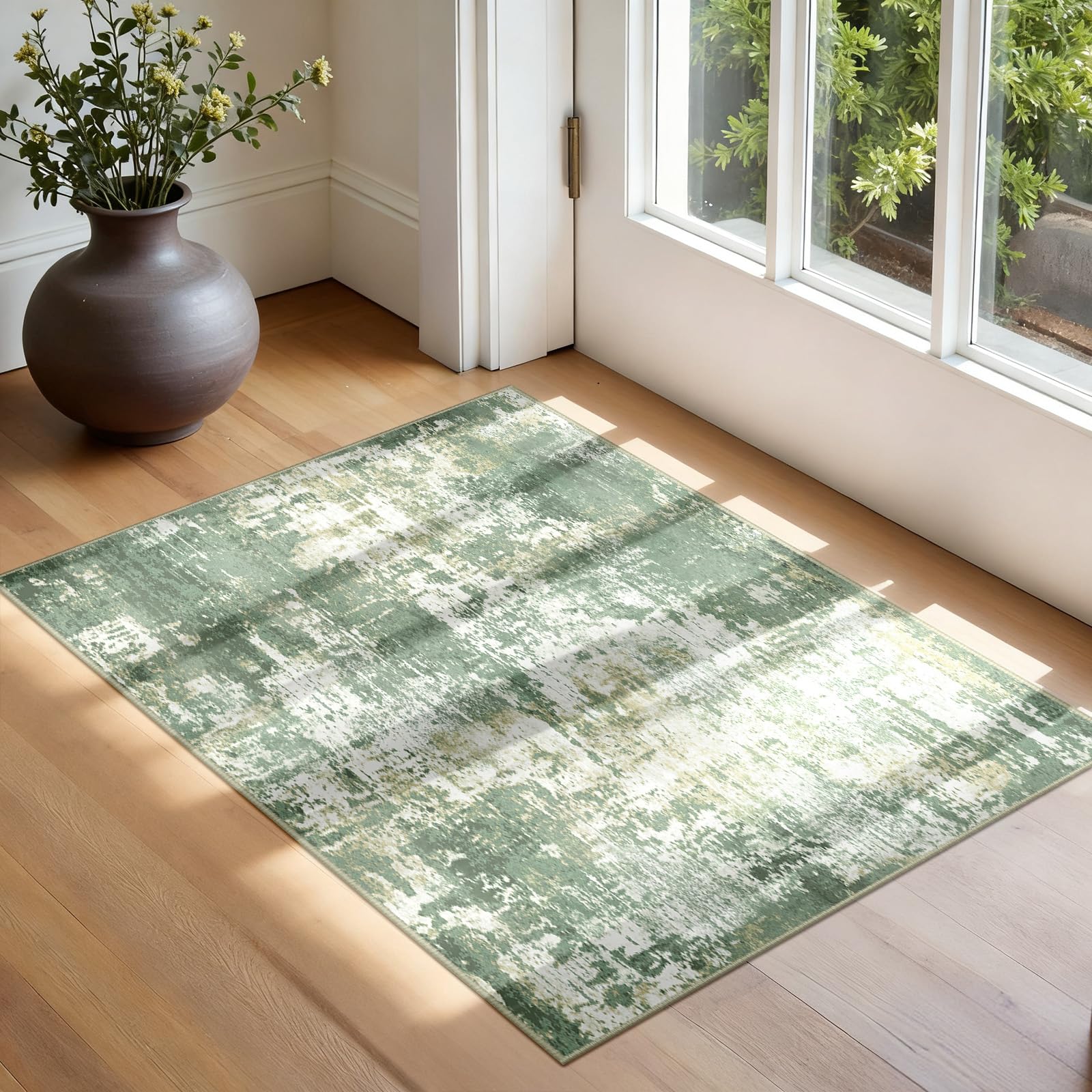 RELEANY Washable 2'x3' Abstract Area Rug for Living Room Light Green
