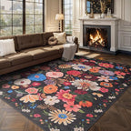 Washable Area Rug 8x10 Black/Brown, Large Soft Rugs for Living Room Floral Carpet 8x10 Area Rugs for Bedroom Dining Room Non-Slip Stain Resistant Under Table Rug (8 x 10, Black/Brown