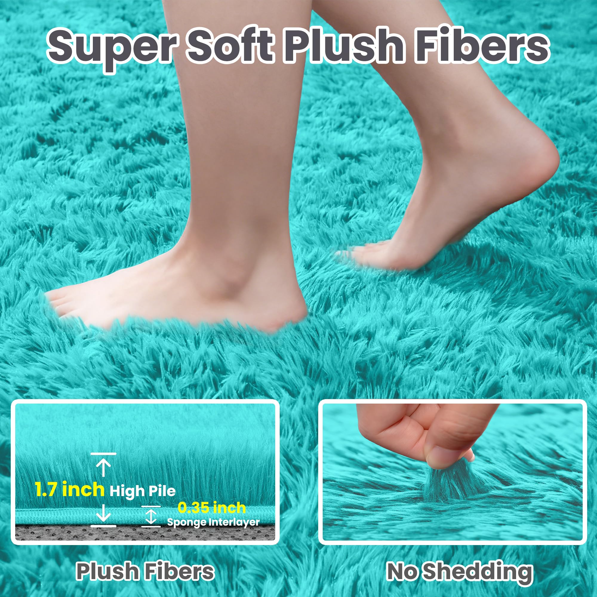 8x10 Fluffy Shag Area Rugs for Living Room Bedroom: Soft Carpet Teal Blue