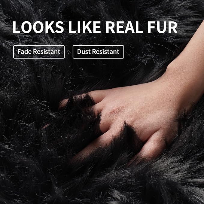 Small Faux Fur Rug, 2x4 ft Ultra Soft Sheepskin Rug Chair Sofa Cover Seat Pad, Black Fluffy Shag Rug for Bedroom Nursery Kids Room, Luxury Shaggy Rugs Fuzzy Plush Floor Carpets, Cute Dorm Home Decor