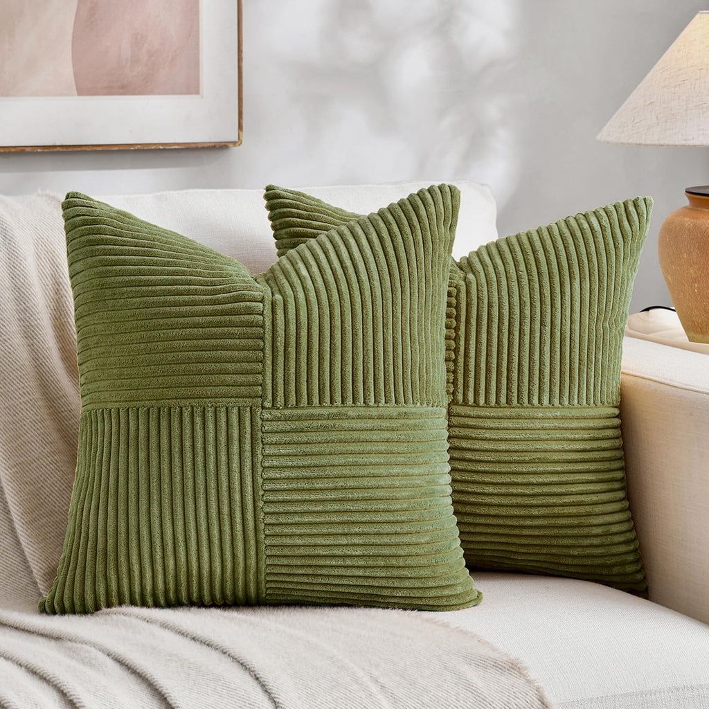 Fancy Homi 2 Packs Moss Green Samll Decorative Throw Pillow Covers 14x14 Inch with for Couch Bed Sofa, Rustic Farmhouse Boho Home Decor, Soft Corss Patchwork Corduroy Square Cushion Case 35x35 cm