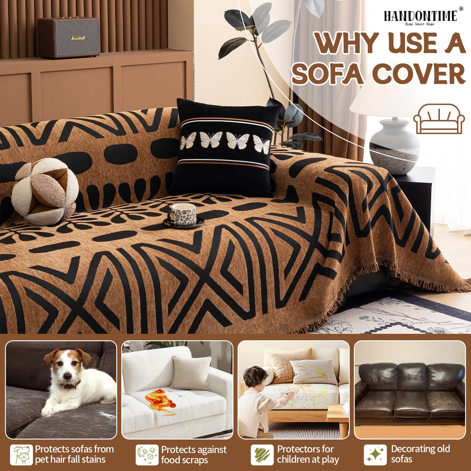 HANDONTIME Boho Couch Cover Geometric Striped Pet Covers for Couches and Sofas Copper Brown and Black Dog Cover for Couch Pet Friendly Chenille Sectional Sofa Covers for Pets Washable, 71" X 134"