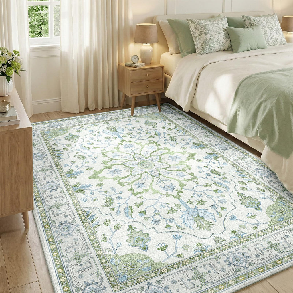 RELEANY Washable Area Rug, 5'x7', Green/White/Blue
