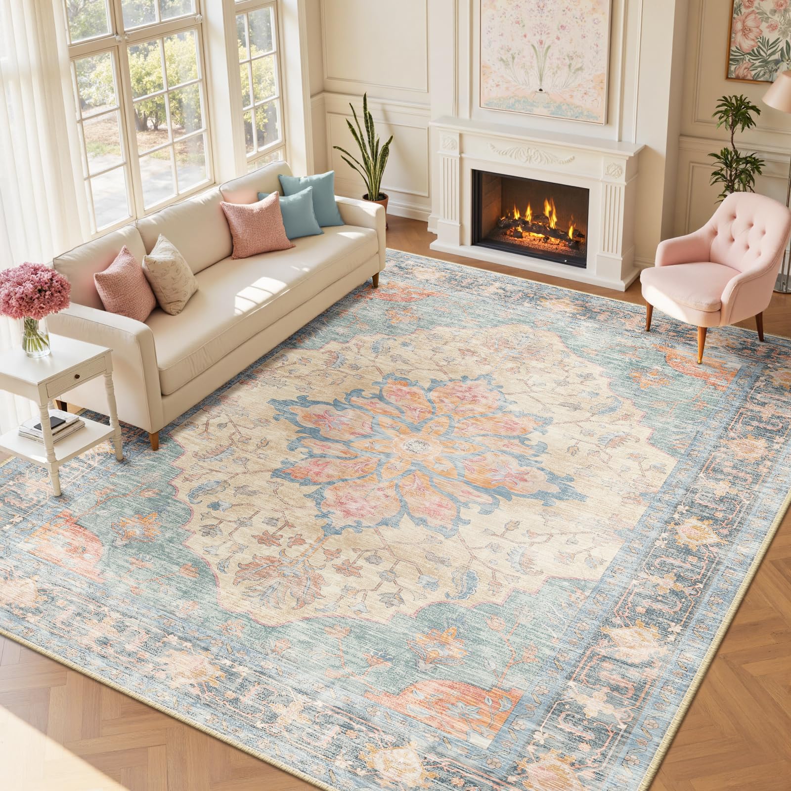 RELEANY Washable Area Rug, Large 9'x12', Blue/Orange/Red